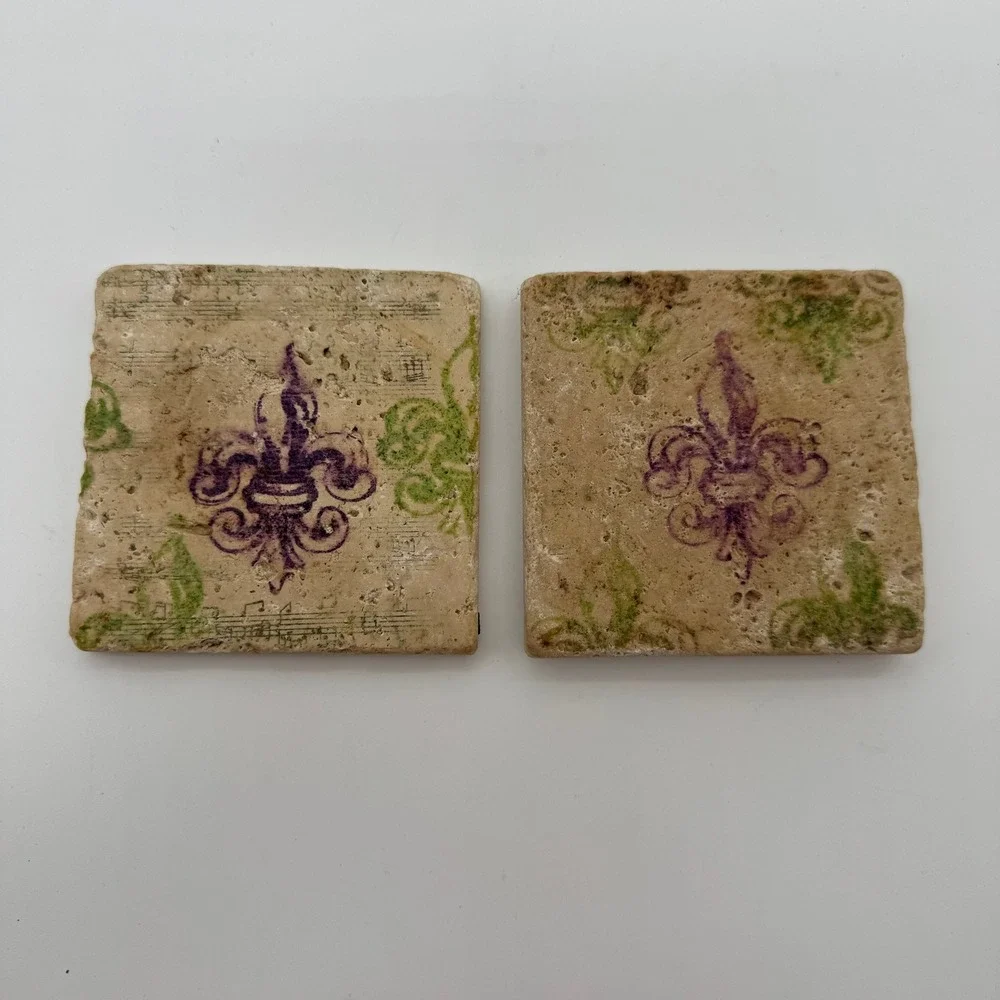 Set of 2 Fleur De‎ Lis Travertine Stone Drink Coasters Rustic New Orleans Decor